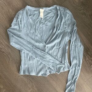 Women's Light Blue Ribbed Button-Up Top